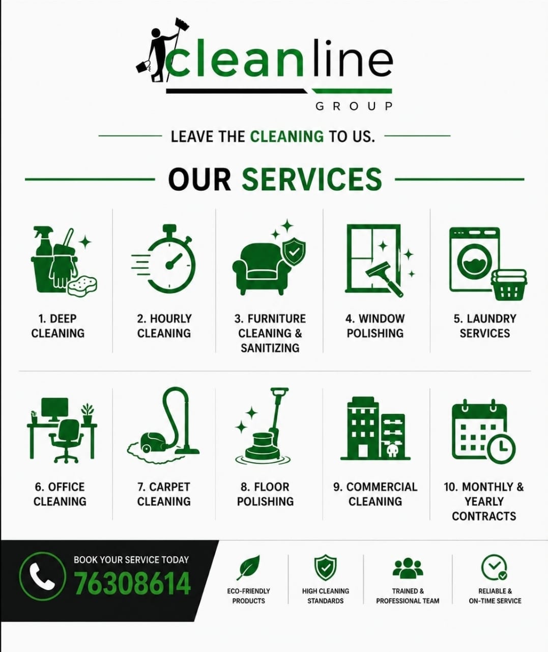 Cleanline Group services: deep cleaning, hourly cleaning, furniture cleaning and sanitizing, window polishing, laundry, office cleaning, carpet cleaning, floor polishing, commercial cleaning, monthly and yearly contracts